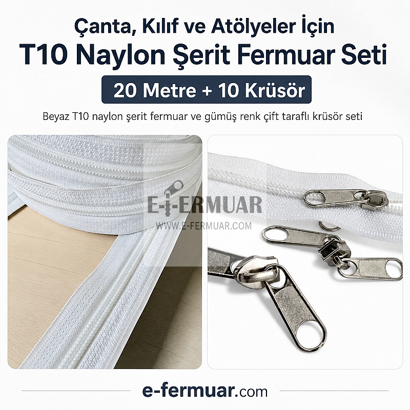 20-metre nylon zipper roll and 10 sliders set, ideal for various projects.
