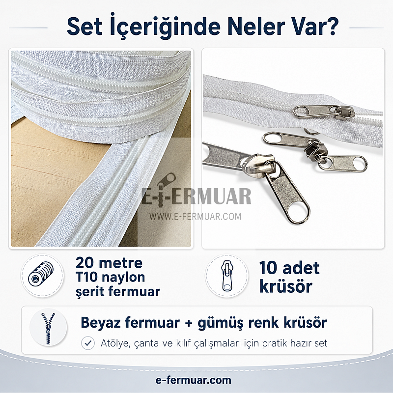 20-metre nylon zipper roll and 10 sliders set, ideal for various projects.