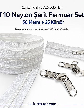 Çanta ve Kılıf Üretimi İçin T10 Naylon Şerit Fermuar Seti – 50 Metre + 25 Kürsör ST-0009T10-50M25C
