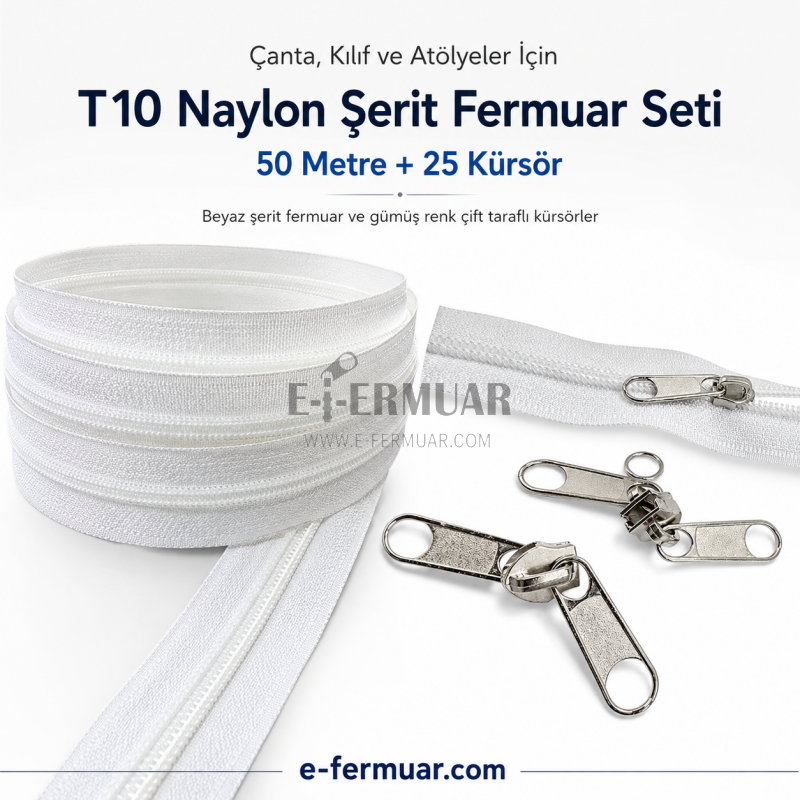 Çanta ve Kılıf Üretimi İçin T10 Naylon Şerit Fermuar Seti – 50 Metre + 25 Kürsör ST-0009T10-50M25C