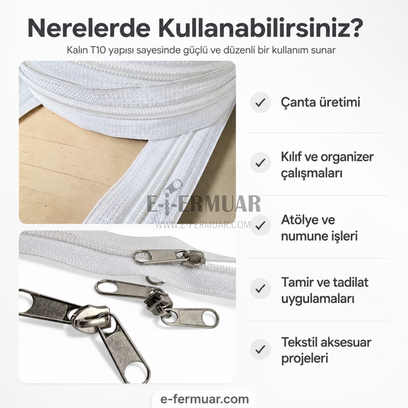 Çanta ve Kılıf Üretimi İçin T10 Naylon Şerit Fermuar Seti – 50 Metre + 25 Kürsör ST-0009T10-50M25C