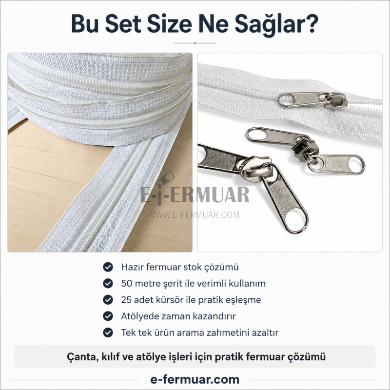 Çanta ve Kılıf Üretimi İçin T10 Naylon Şerit Fermuar Seti – 50 Metre + 25 Kürsör ST-0009T10-50M25C