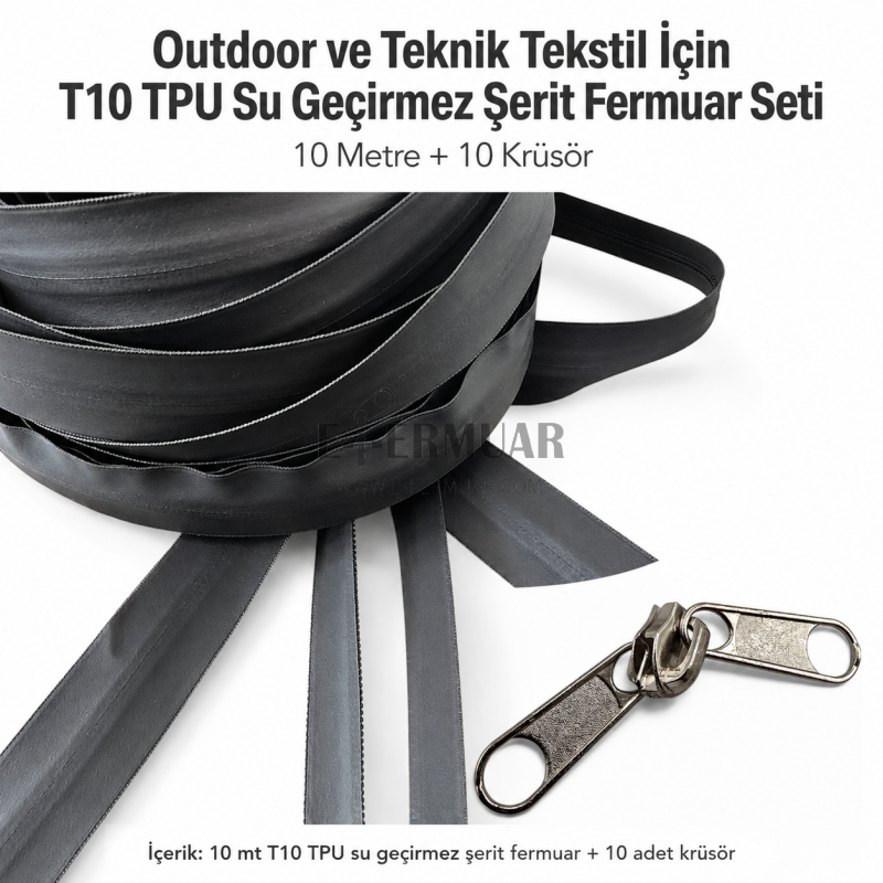 10 Metre T10 TPU Şerit Fermuar ve 10 Kürsör Seti