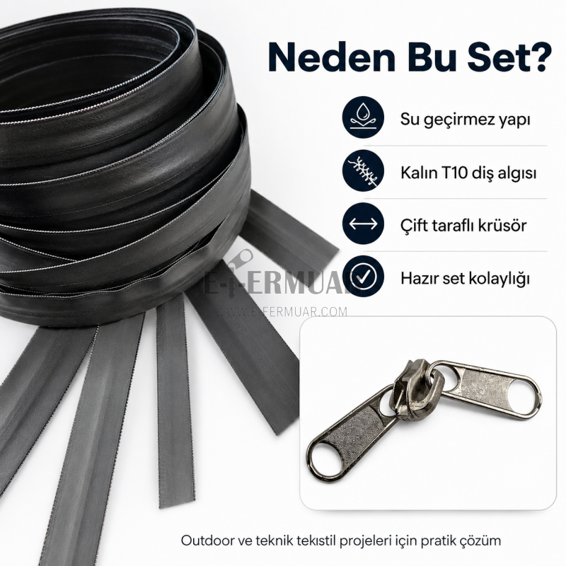10 Metre T10 TPU Şerit Fermuar ve 10 Kürsör Seti