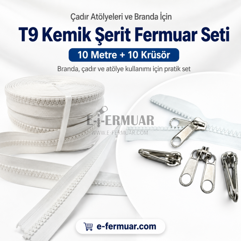 T9 Bone Strip Zipper Set for Tarpaulin and Tent Workshops – 10 Meters + 10 Trimmers - ST-0012