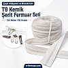 100m uzunluğunda dayanıklı T9 kemik şerit fermuar ve 50 adet krüsör içeren set.