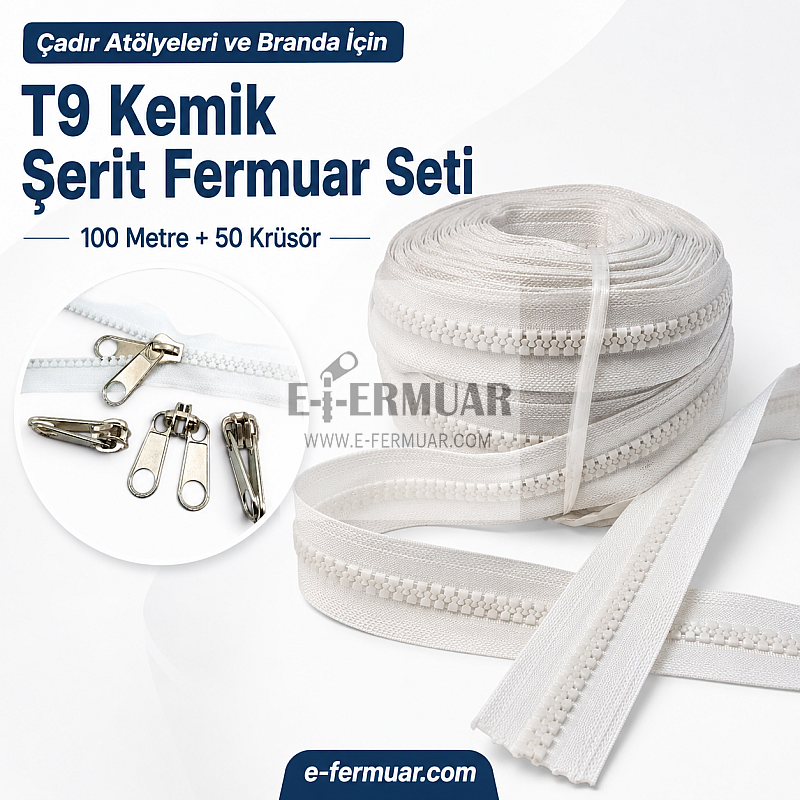 100m uzunluğunda dayanıklı T9 kemik şerit fermuar ve 50 adet krüsör içeren set.