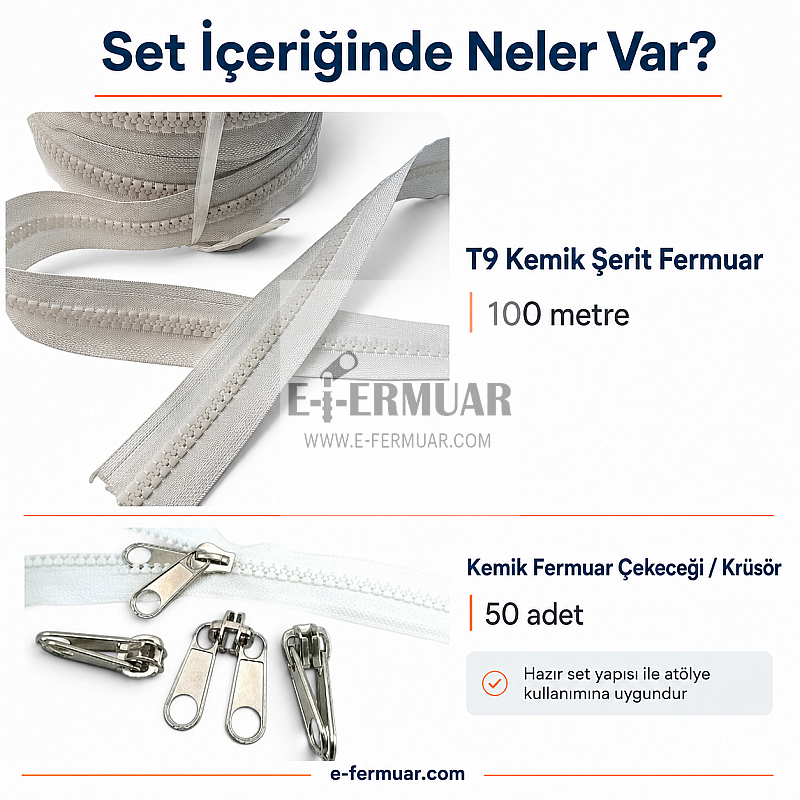 100m uzunluğunda dayanıklı T9 kemik şerit fermuar ve 50 adet krüsör içeren set.