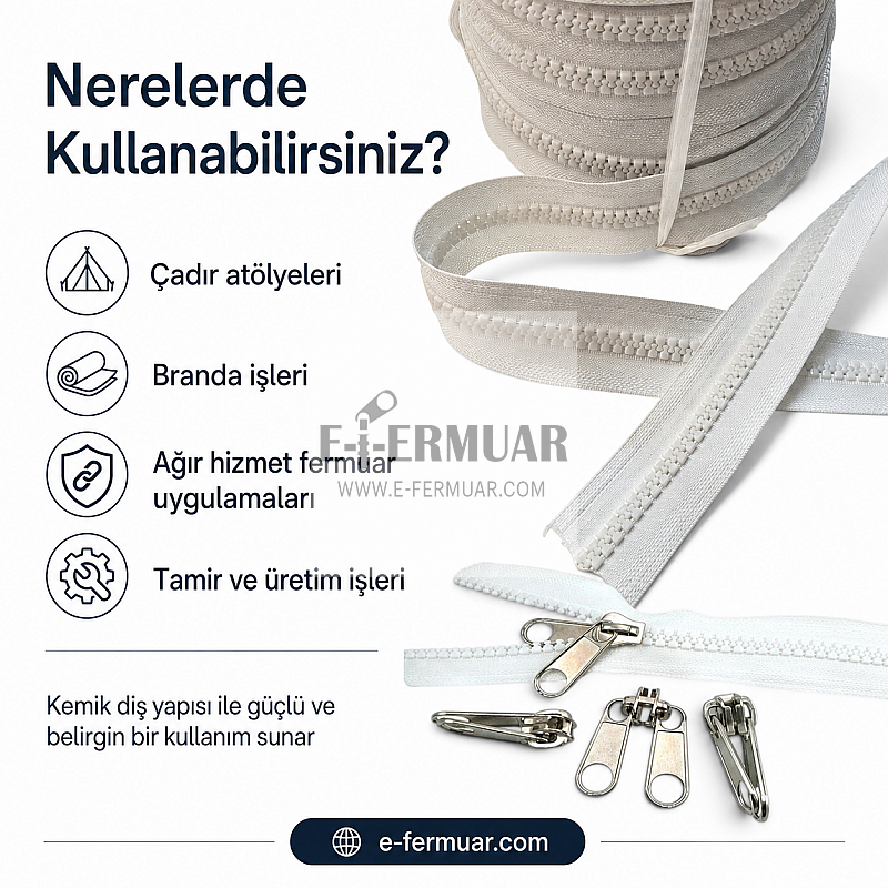 100m uzunluğunda dayanıklı T9 kemik şerit fermuar ve 50 adet krüsör içeren set.