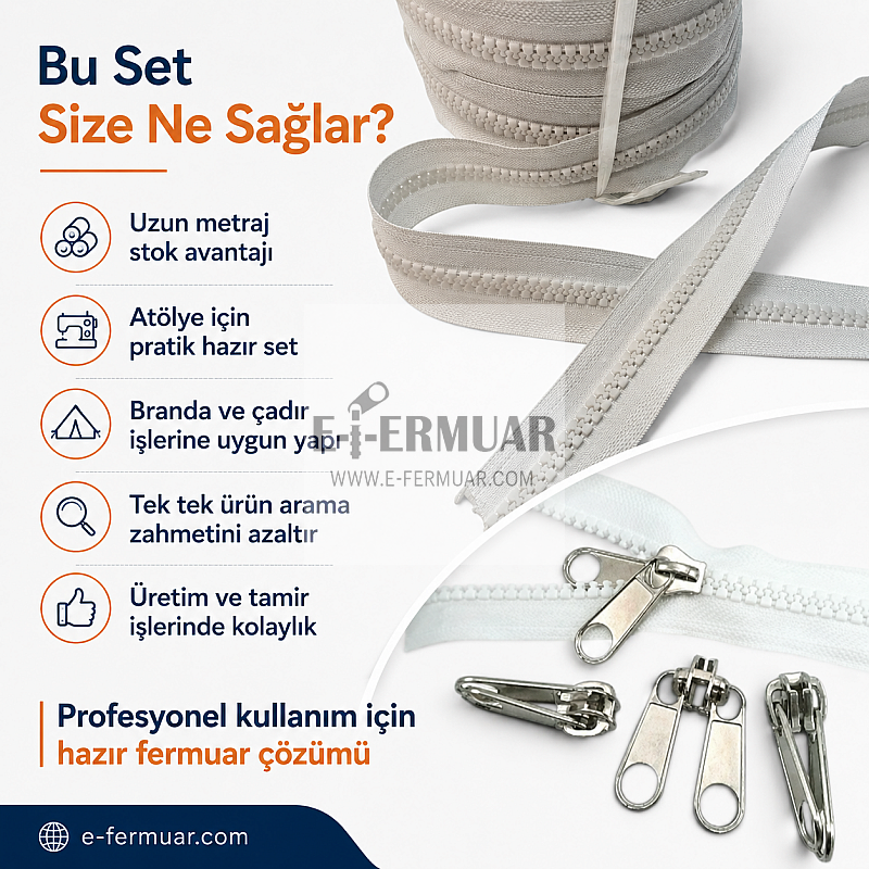 100m uzunluğunda dayanıklı T9 kemik şerit fermuar ve 50 adet krüsör içeren set.