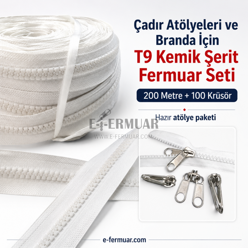 Branda ve çadır atölyeleri için 200 metre T9 kemik şerit fermuar ve 100 krüsör seti.