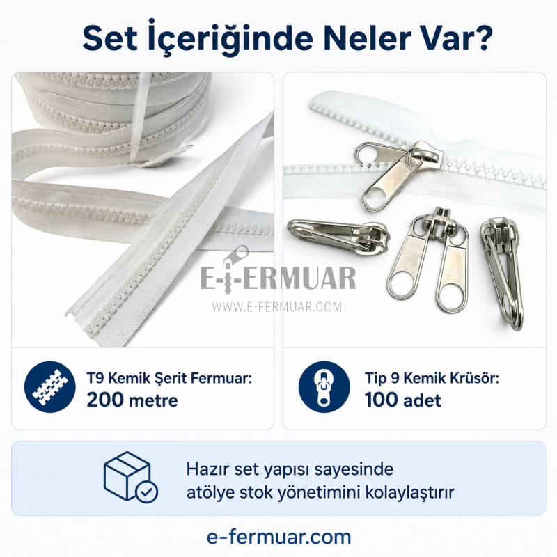 Branda ve çadır atölyeleri için 200 metre T9 kemik şerit fermuar ve 100 krüsör seti.