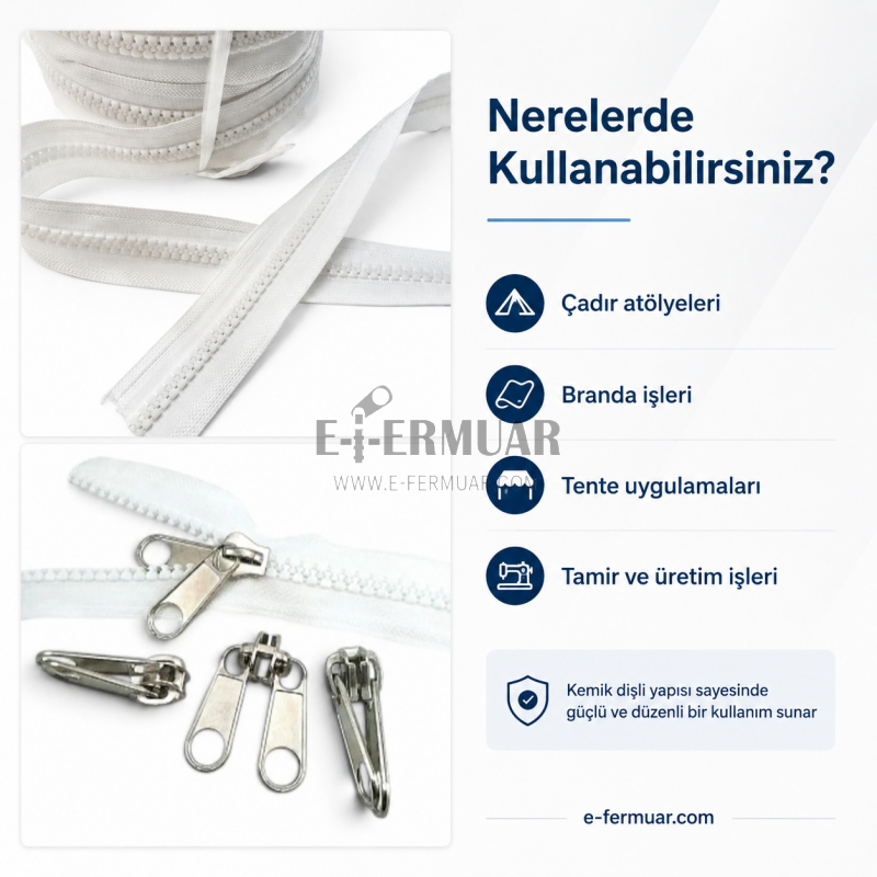 Branda ve çadır atölyeleri için 200 metre T9 kemik şerit fermuar ve 100 krüsör seti.