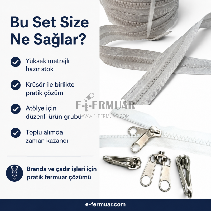 Branda ve çadır atölyeleri için 200 metre T9 kemik şerit fermuar ve 100 krüsör seti.