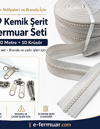 Branda ve Çadır Atölyeleri İçin T9 Kemik Şerit Fermuar Seti – 20 Metre + 10 Krüsör- ST-0012T9-20M10K
