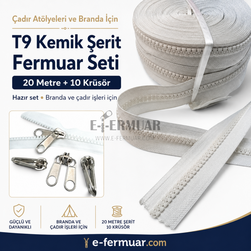 20m uzunluğunda dayanıklı T9 kemik şerit fermuar ve 10 krüsör içeren set.