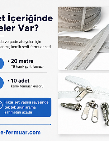 Branda ve Çadır Atölyeleri İçin T9 Kemik Şerit Fermuar Seti – 20 Metre + 10 Krüsör- ST-0012T9-20M10K