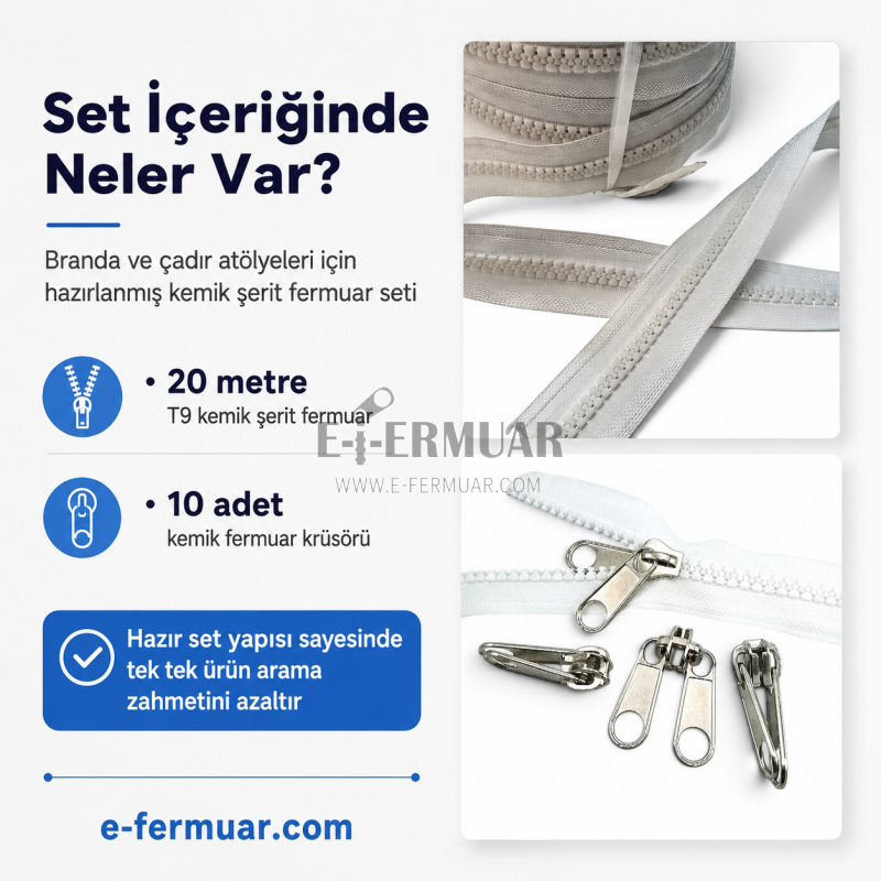 20m uzunluğunda dayanıklı T9 kemik şerit fermuar ve 10 krüsör içeren set.