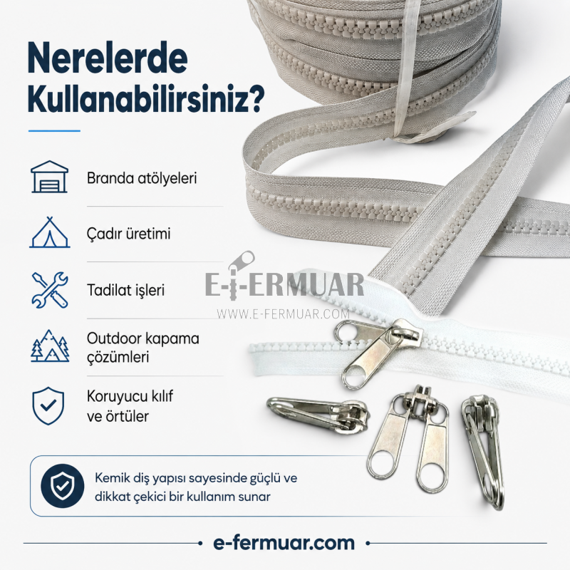 20m uzunluğunda dayanıklı T9 kemik şerit fermuar ve 10 krüsör içeren set.