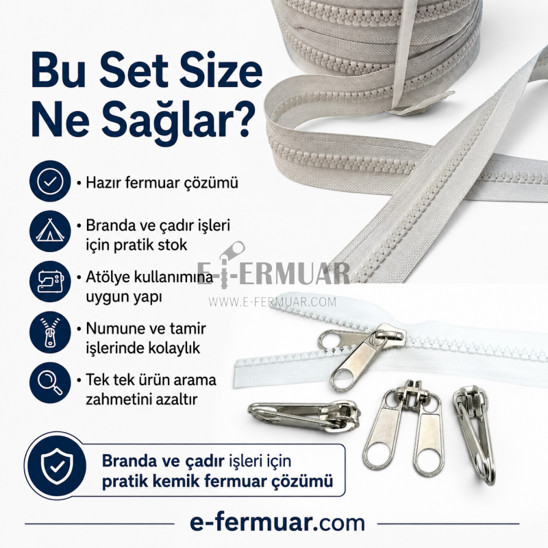 20m uzunluğunda dayanıklı T9 kemik şerit fermuar ve 10 krüsör içeren set.