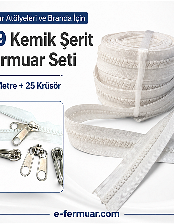 Branda ve Çadır Atölyeleri İçin T9 Kemik Şerit Fermuar Seti – 50 Metre + 25 Krüsör- ST-0012T9-50M25K