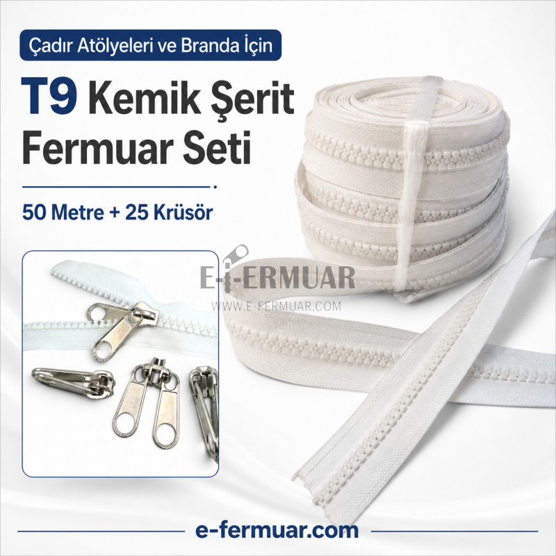 Dayanıklı ve uzun ömürlü T9 kemik şerit fermuar, 50 metre uzunluğunda ve 25 krüsör içerir.