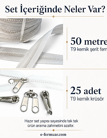 Branda ve Çadır Atölyeleri İçin T9 Kemik Şerit Fermuar Seti – 50 Metre + 25 Krüsör- ST-0012T9-50M25K