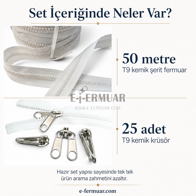 Dayanıklı ve uzun ömürlü T9 kemik şerit fermuar, 50 metre uzunluğunda ve 25 krüsör içerir.