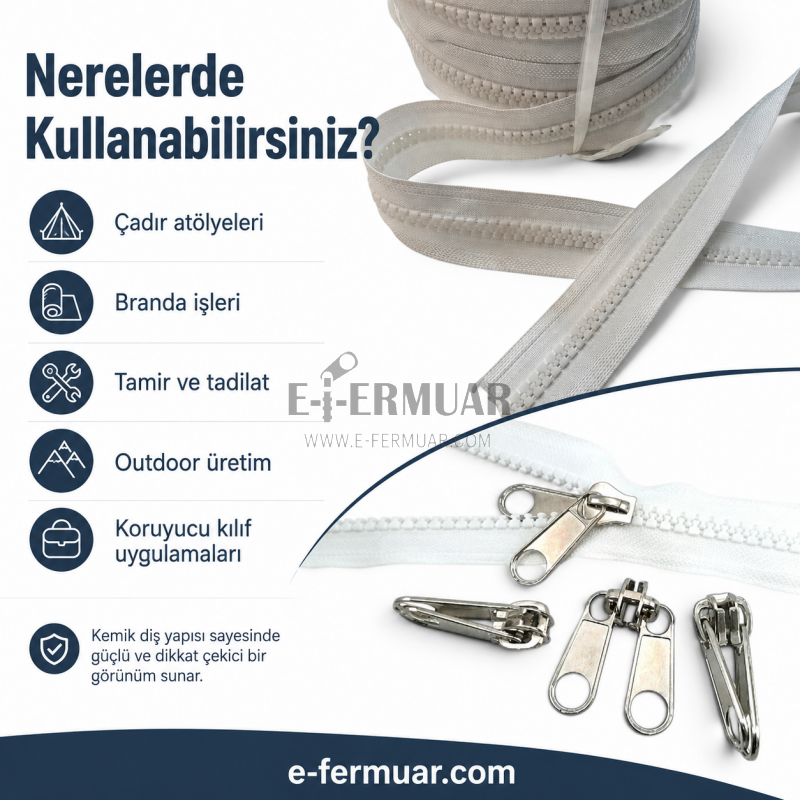 Dayanıklı ve uzun ömürlü T9 kemik şerit fermuar, 50 metre uzunluğunda ve 25 krüsör içerir.