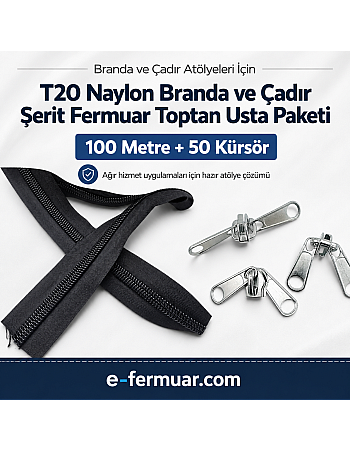 Branda ve Çadır Atölyeleri İçin T20 Naylon Şerit Fermuar Seti – 100 Metre + 50 Krüsör - ST-0013T20-100M50C