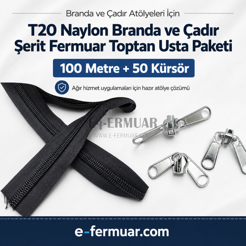 100 metre T20 naylon fermuar ve 50 krüsör içeren dayanıklı set.