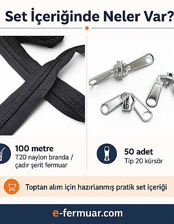 Branda ve Çadır Atölyeleri İçin T20 Naylon Şerit Fermuar Seti – 100 Metre + 50 Krüsör - ST-0013T20-100M50C