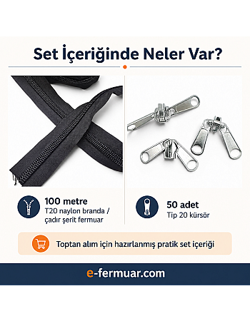 Branda ve Çadır Atölyeleri İçin T20 Naylon Şerit Fermuar Seti – 100 Metre + 50 Krüsör - ST-0013T20-100M50C