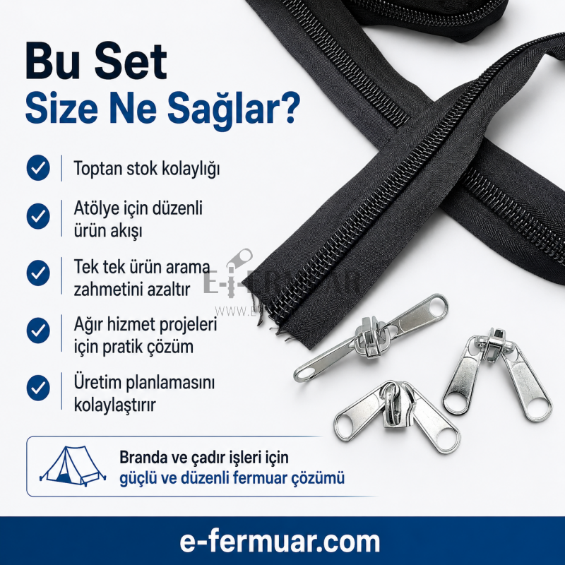 100 metre T20 naylon fermuar ve 50 krüsör içeren dayanıklı set.