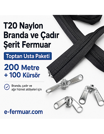 Branda ve Çadır Atölyeleri İçin T20 Naylon Şerit Fermuar Seti – 200 Metre + 100 Krüsör - ST-0013T20-200M100C
