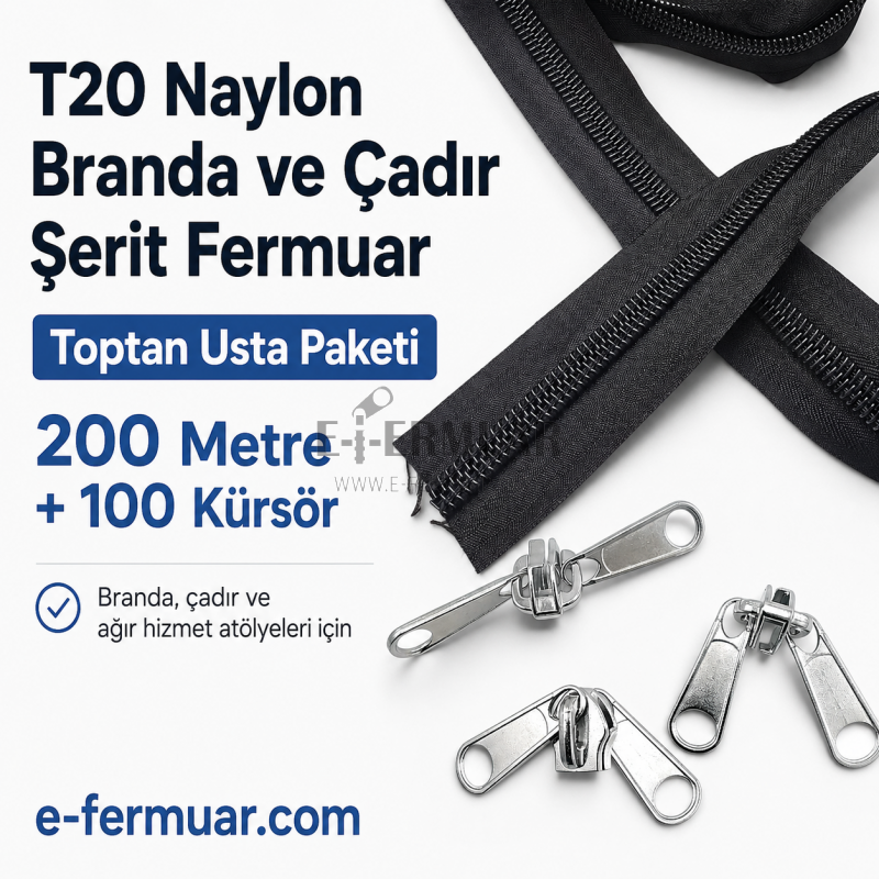200 metre uzunluğundaki T20 naylon fermuar ve 100 krüsör içerir.