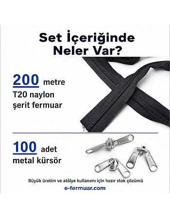 Branda ve Çadır Atölyeleri İçin T20 Naylon Şerit Fermuar Seti – 200 Metre + 100 Krüsör - ST-0013T20-200M100C