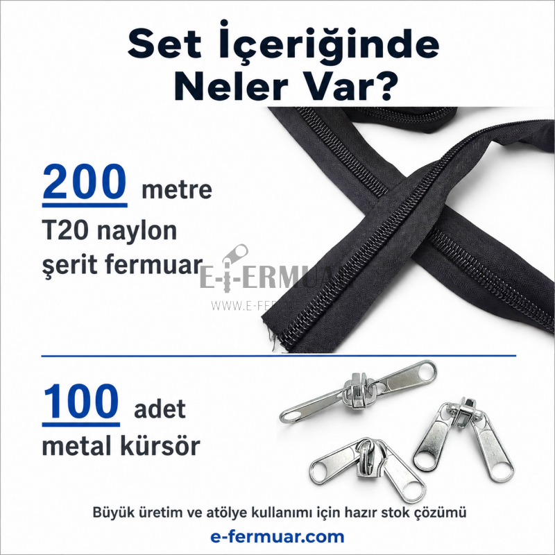 200 metre uzunluğundaki T20 naylon fermuar ve 100 krüsör içerir.