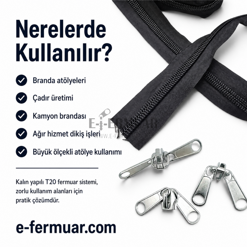 200 metre uzunluğundaki T20 naylon fermuar ve 100 krüsör içerir.