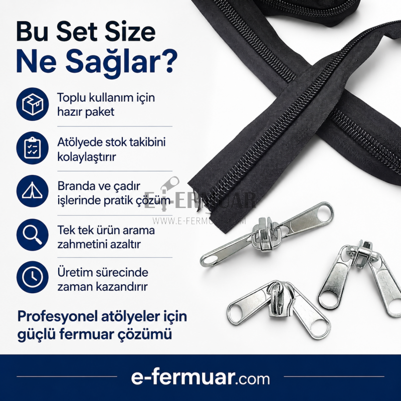 200 metre uzunluğundaki T20 naylon fermuar ve 100 krüsör içerir.