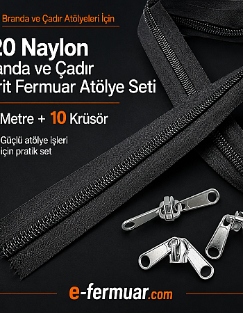 Branda ve Çadır Atölyeleri İçin T20 Naylon Şerit Fermuar Seti – 20 Metre + 10 Kürsör ST-0013T20-20M10C