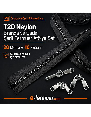 Branda ve Çadır Atölyeleri İçin T20 Naylon Şerit Fermuar Seti – 20 Metre + 10 Kürsör ST-0013T20-20M10C