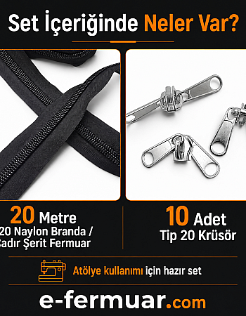 Branda ve Çadır Atölyeleri İçin T20 Naylon Şerit Fermuar Seti – 20 Metre + 10 Kürsör ST-0013T20-20M10C