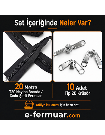 Branda ve Çadır Atölyeleri İçin T20 Naylon Şerit Fermuar Seti – 20 Metre + 10 Kürsör ST-0013T20-20M10C
