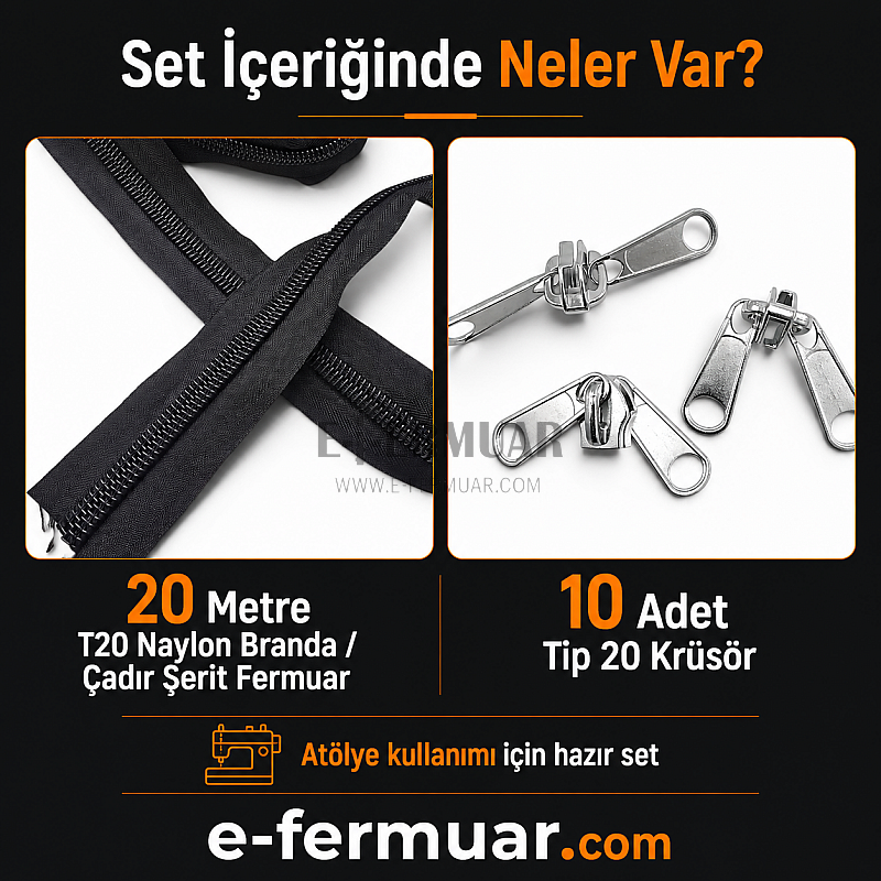 Branda ve Çadır Atölyeleri İçin T20 Naylon Şerit Fermuar Seti – 20 Metre + 10 Kürsör ST-0013T20-20M10C