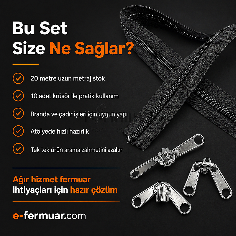 Branda ve Çadır Atölyeleri İçin T20 Naylon Şerit Fermuar Seti – 20 Metre + 10 Kürsör ST-0013T20-20M10C