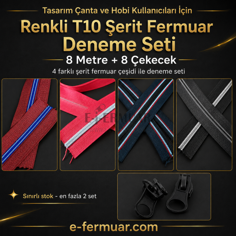 Renkli ve dayanıklı T10 fermuar seti, 8 metre uzunluk ve 8 çekecek ile.