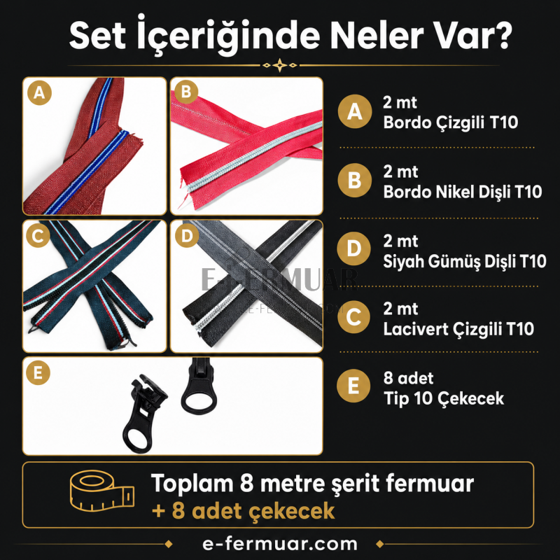 Renkli ve dayanıklı T10 fermuar seti, 8 metre uzunluk ve 8 çekecek ile.