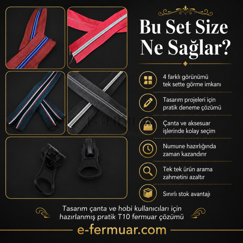 Renkli ve dayanıklı T10 fermuar seti, 8 metre uzunluk ve 8 çekecek ile.