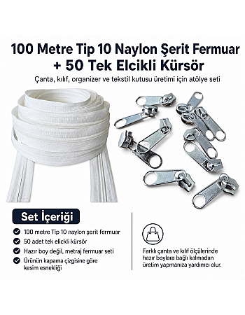 Atölyeler İçin Tip 10 Naylon Şerit Fermuar Orta Seviye Seti – 100 Metre + 50 Tek Elcikli Kürsör ST-T10T-NAYLON-100M50C